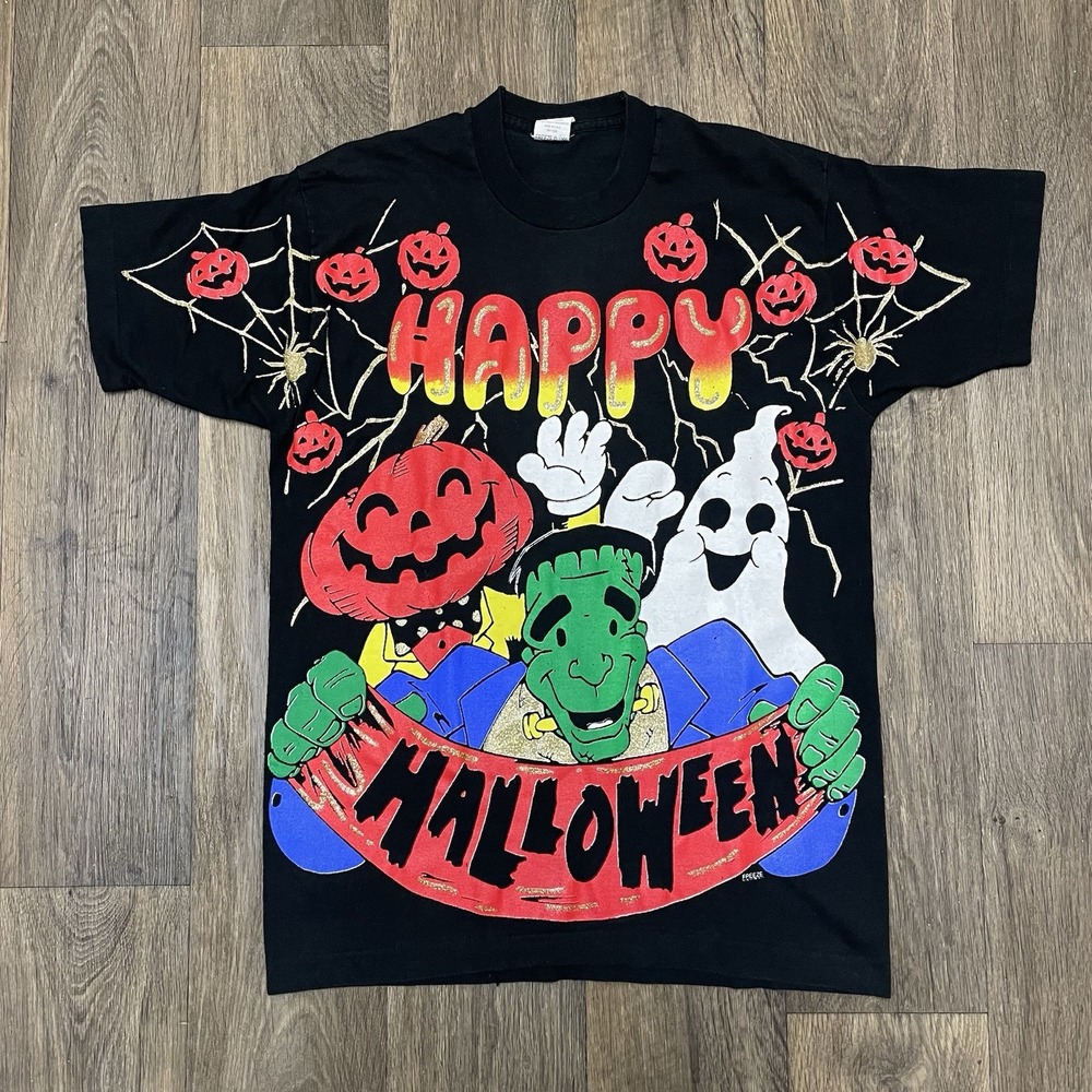 Vintage 1996 Freeze Happy Halloween All Over Print T Shirt Adult L Black Men